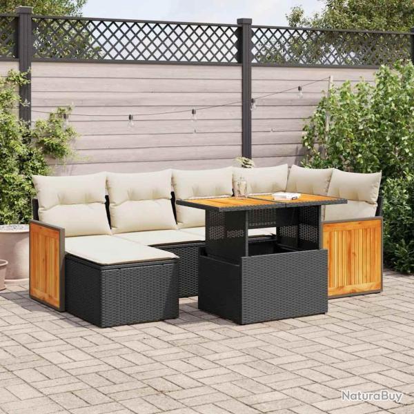 Salon de jardin avec coussins 7 pcs noir r�sine tress�e acacia