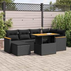Salon de jardin avec coussins 7 pcs noir r&eacute;sine tress&eacute;e acacia