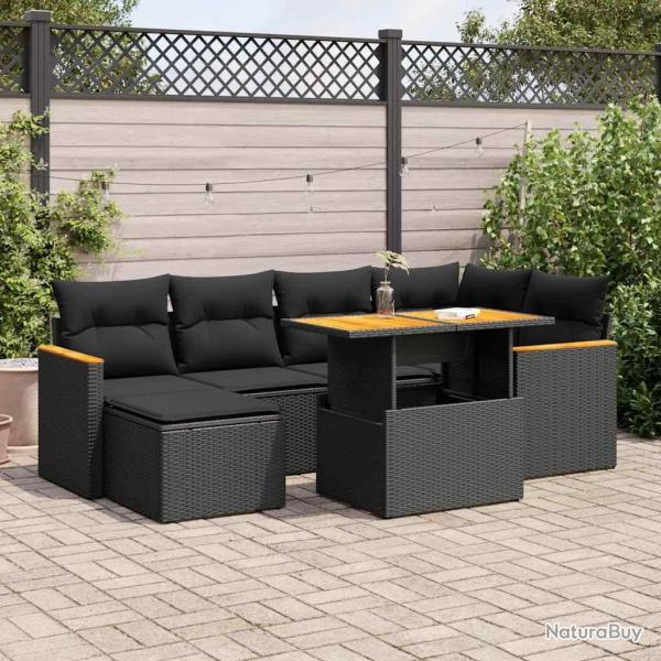 Salon de jardin avec coussins 7 pcs noir r�sine tress�e acacia