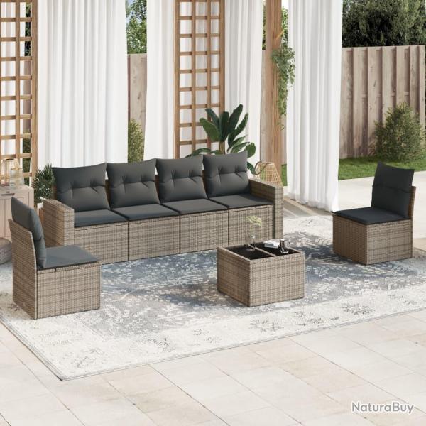 Salon de jardin avec coussins 7 pcs gris r�sine tress�e