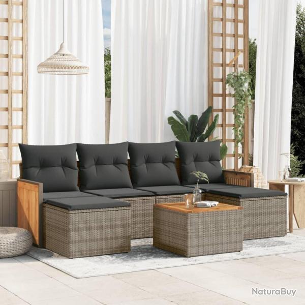 Salon de jardin avec coussins 7 pcs gris r�sine tress�e