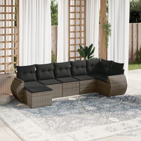 Salon de jardin avec coussins 7 pcs gris r�sine tress�e