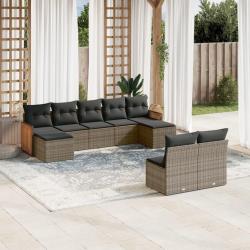 Salon de jardin 9 pcs avec coussins gris r&eacute;sine tress&eacute;e