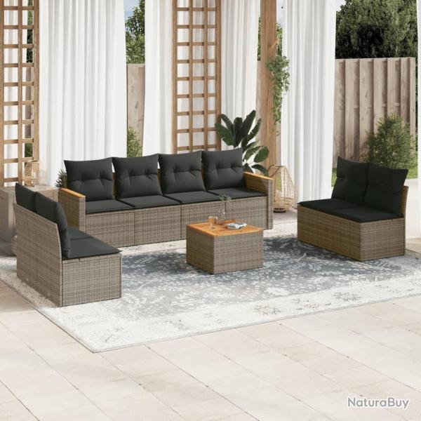 Salon de jardin 9 pcs avec coussins gris r�sine tress�e