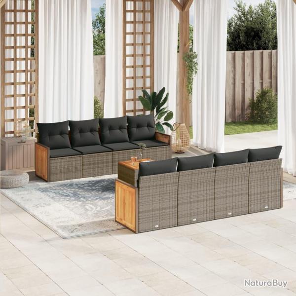 Salon de jardin 9 pcs avec coussins gris r�sine tress�e