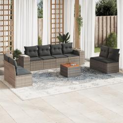 Salon de jardin 9 pcs avec coussins gris r&eacute;sine tress&eacute;e