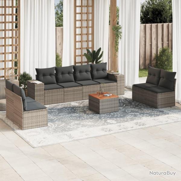 Salon de jardin 9 pcs avec coussins gris r�sine tress�e