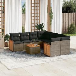 Salon de jardin 9 pcs avec coussins gris r&eacute;sine tress&eacute;e