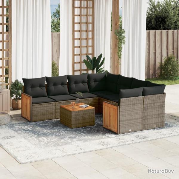 Salon de jardin 9 pcs avec coussins gris r�sine tress�e