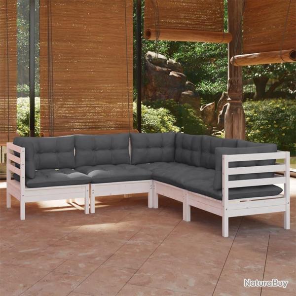 Salon de jardin 5 pcs avec coussins blanc bois de pin solide