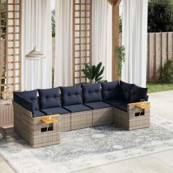 Salon de jardin 7 pcs avec coussins gris r&eacute;sine tress&eacute;e