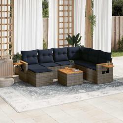 Salon de jardin 8 pcs avec coussins gris r&eacute;sine tress&eacute;e