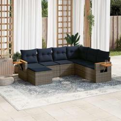 Salon de jardin 7 pcs avec coussins gris r&eacute;sine tress&eacute;e