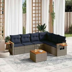 Salon de jardin 7 pcs avec coussins gris r&eacute;sine tress&eacute;e