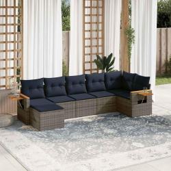 Salon de jardin 7 pcs avec coussins gris r&eacute;sine tress&eacute;e