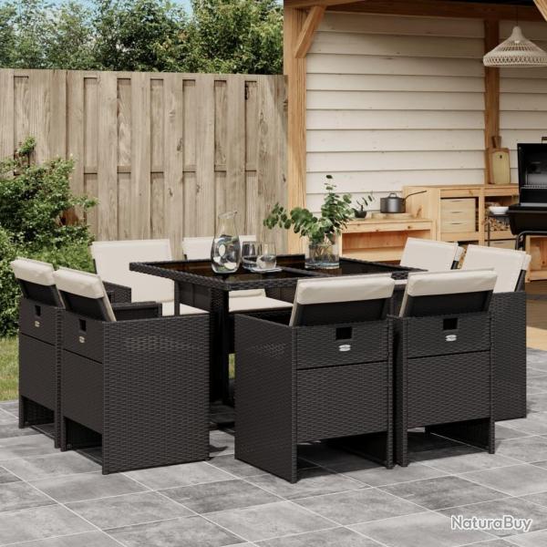 Ensemble � manger de jardin 9pcs coussins noir r�sine tress�e