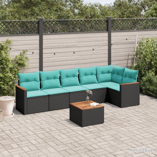 Ensemble de canap� de jardin 7 pcs avec coussins noir r�sine tress�e