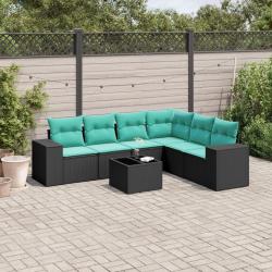 Ensemble de canap&eacute; de jardin 7 pcs avec coussins noir r&eacute;sine tress&eacute;e