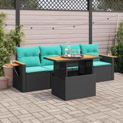 Salon de jardin 5 pcs avec coussins noir r&eacute;sine tress&eacute;e