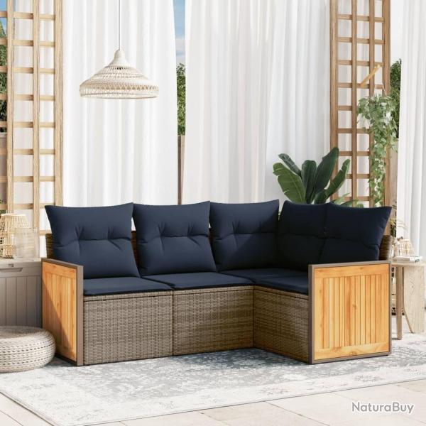 Ensemble de canap� de jardin 4 pcs avec coussins gris r�sine tress�e
