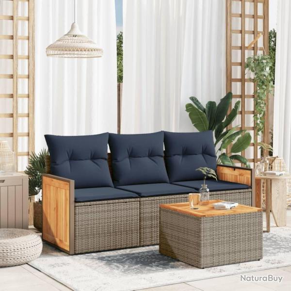 Ensemble de canap� de jardin 4 pcs avec coussins gris r�sine tress�e