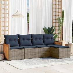 Ensemble de canap&eacute; de jardin 5 pcs avec coussins gris r&eacute;sine tress&eacute;e