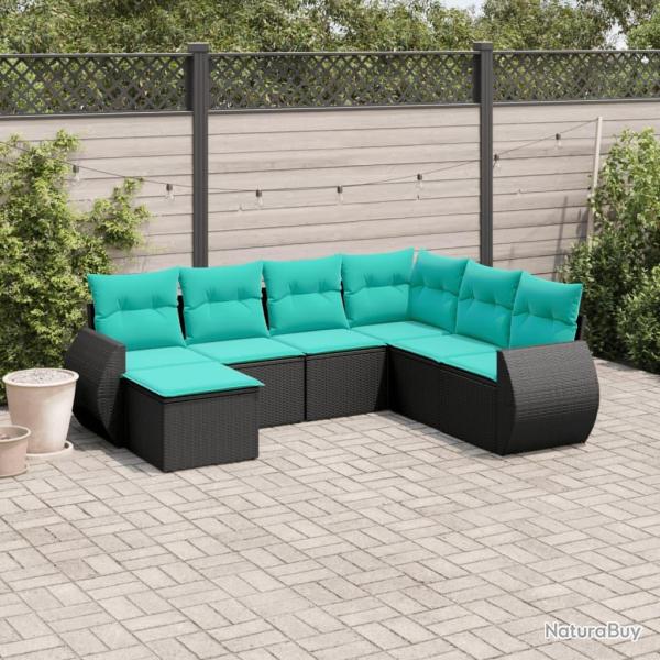 Salon de jardin 7 pcs avec coussins noir r�sine tress�e