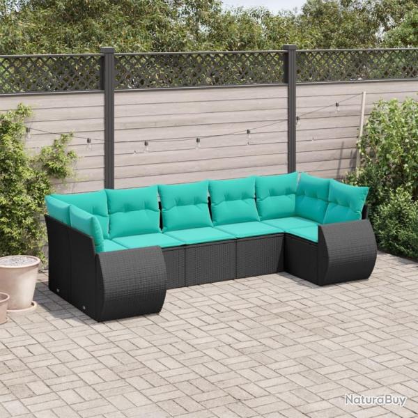 Salon de jardin 7 pcs avec coussins noir r�sine tress�e