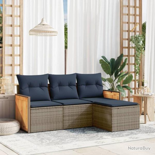 Ensemble de canap� de jardin 4 pcs avec coussins gris r�sine tress�e