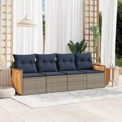 Ensemble de canap&eacute; de jardin 4 pcs avec coussins gris r&eacute;sine tress&eacute;e