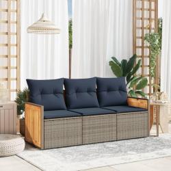 Ensemble de canap&eacute; de jardin 3 pcs avec coussins gris r&eacute;sine tress&eacute;e