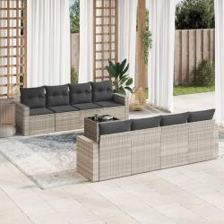 Salon de jardin 9 pcs avec coussins gris clair r&eacute;sine tress&eacute;e