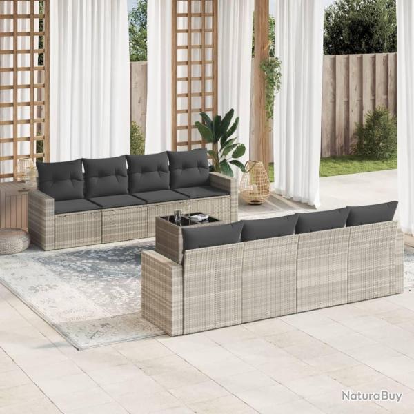 Salon de jardin 9 pcs avec coussins gris clair r�sine tress�e