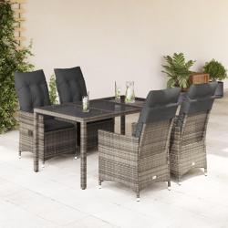Ensemble &agrave; manger de jardin 5 pcs coussins gris r&eacute;sine tress&eacute;e