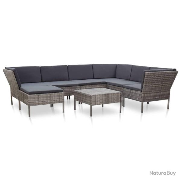 Salon de jardin 8 pcs avec coussins r�sine tress�e gris