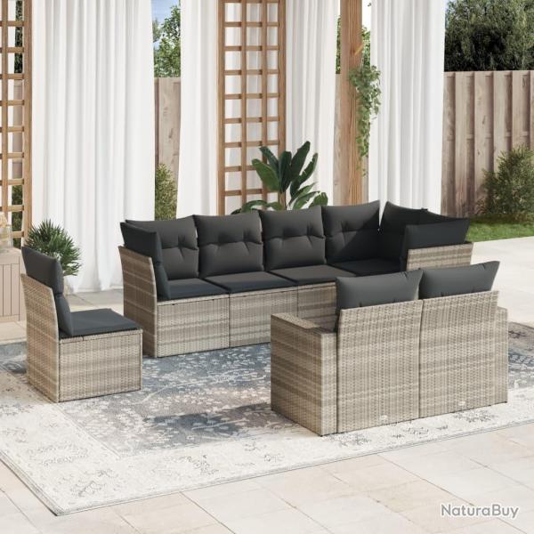 Salon de jardin 8 pcs avec coussins gris clair r�sine tress�e