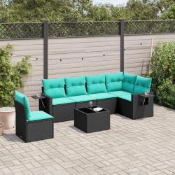 Ensemble de canap&eacute; de jardin 7 pcs avec coussins noir r&eacute;sine tress&eacute;e