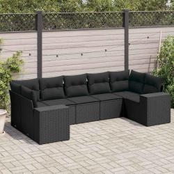 Salon de jardin 7 pcs avec coussins noir r&eacute;sine tress&eacute;e