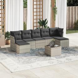 Salon de jardin 8 pcs avec coussins gris clair r&eacute;sine tress&eacute;e
