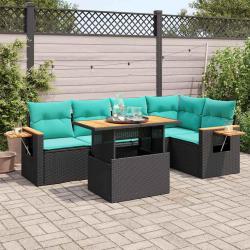Salon de jardin 6 pcs avec coussins noir r&eacute;sine tress&eacute;e acacia
