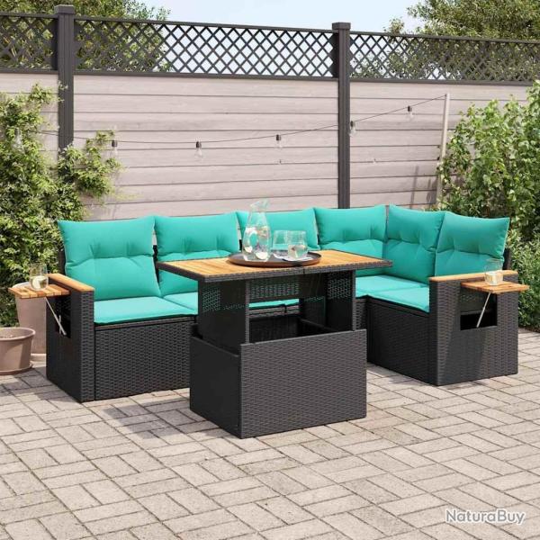 Salon de jardin 6 pcs avec coussins noir r�sine tress�e acacia