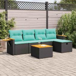 Salon de jardin 6 pcs avec coussins noir r&eacute;sine tress&eacute;e