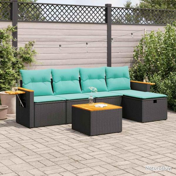 Salon de jardin 6 pcs avec coussins noir r�sine tress�e