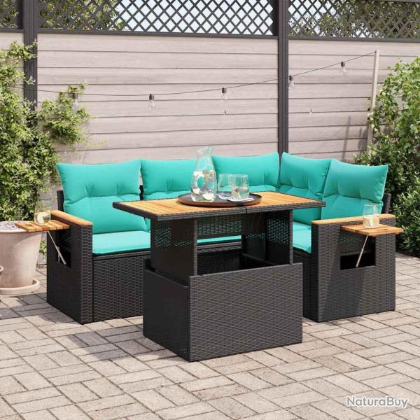 Salon de jardin 5 pcs avec coussins noir r�sine tress�e acacia