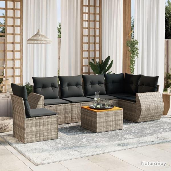 Salon de jardin avec coussins 7 pcs gris r�sine tress�e