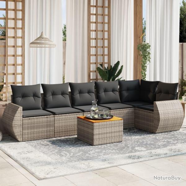 Salon de jardin avec coussins 7 pcs gris r�sine tress�e