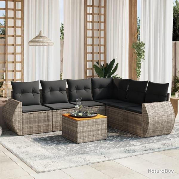Salon de jardin avec coussins 7 pcs gris r�sine tress�e