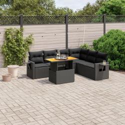 Salon de jardin 7 pcs avec coussins noir r&eacute;sine tress&eacute;e