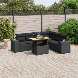Salon de jardin 7 pcs avec coussins noir r&eacute;sine tress&eacute;e