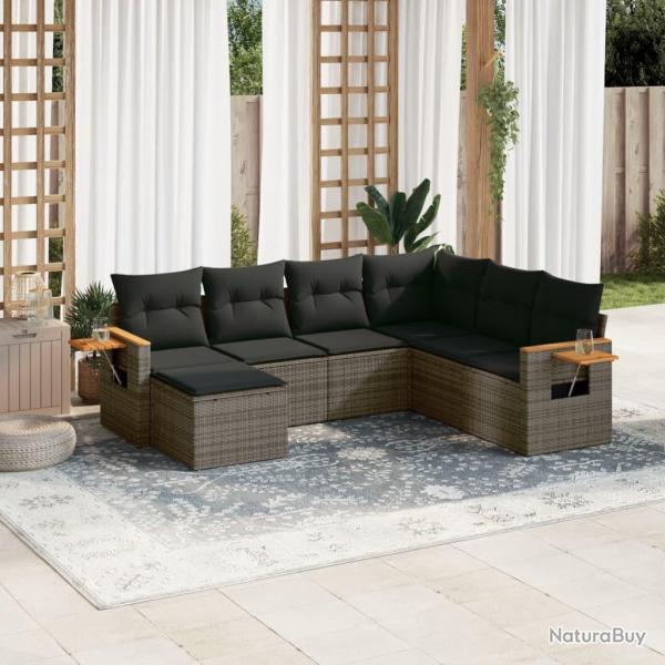 Salon de jardin avec coussins 7 pcs gris r�sine tress�e